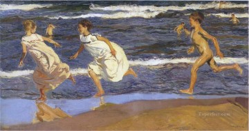  running Oil Painting - Joaquin Sorolla running kids beach seaside impressionism